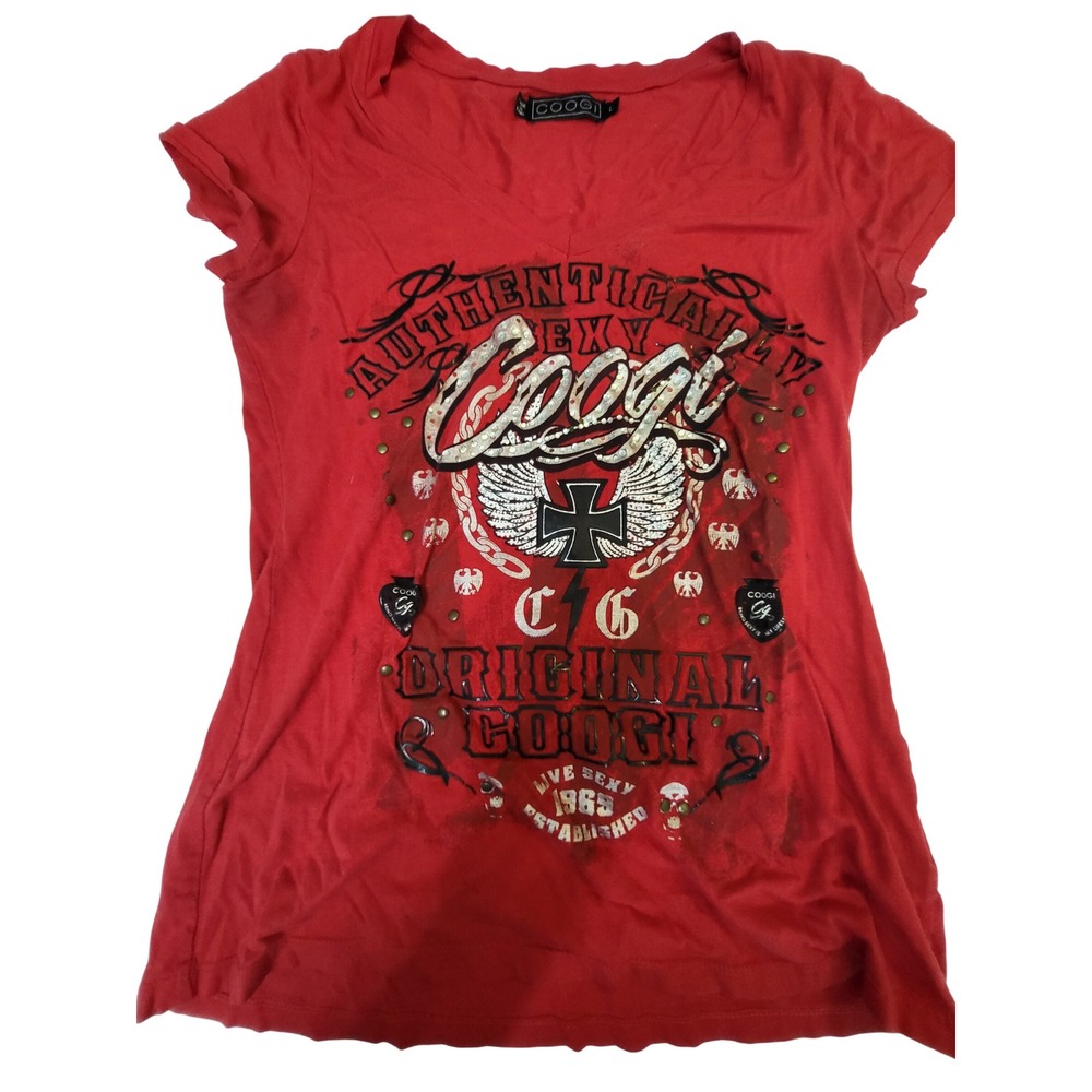 Vintage Coogi Red Graphic V-Neck Tee Rhinestone Studded Y2K Women Large